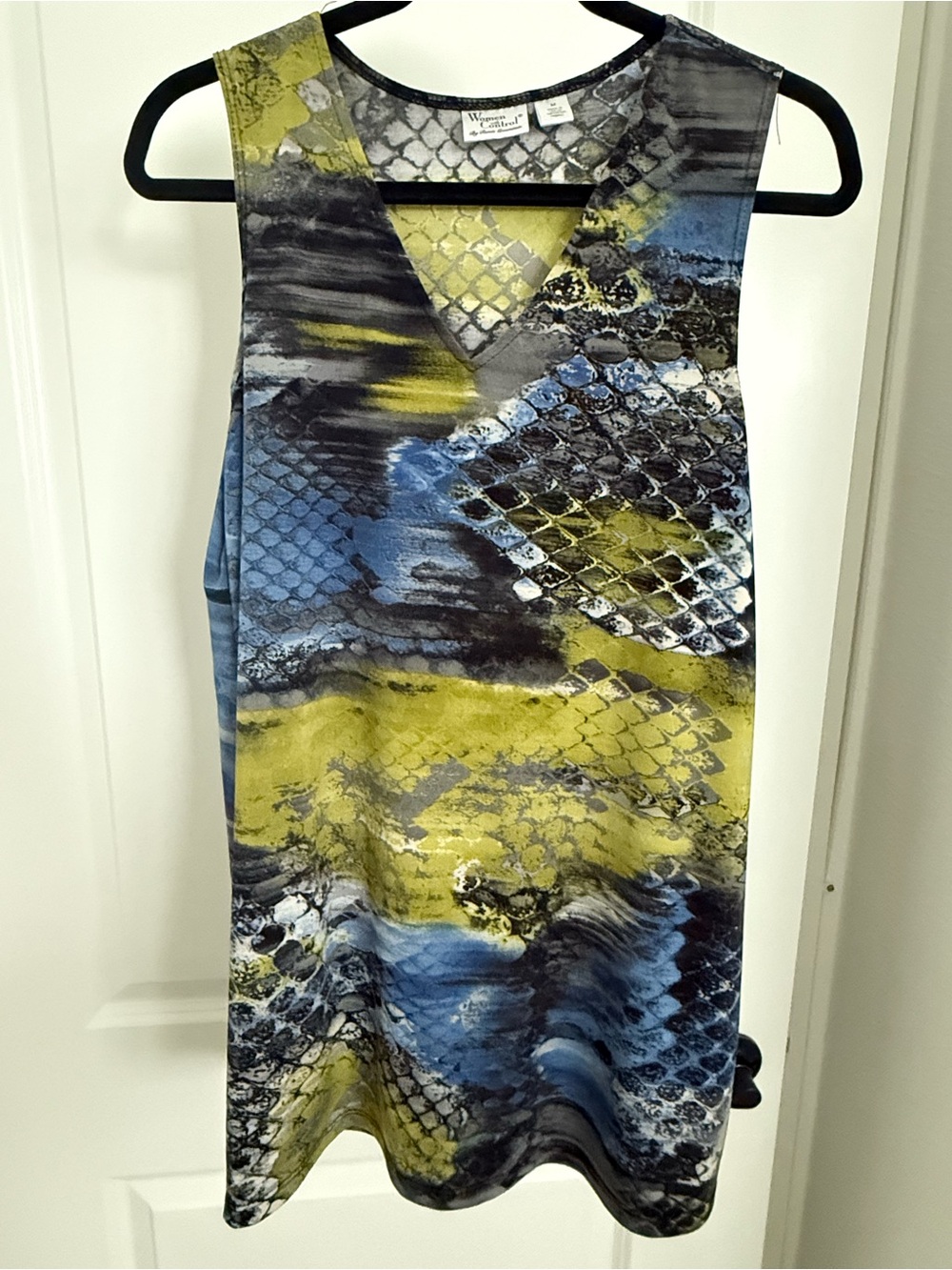 Women with Control V-Neck Sleeveless Tunic in Blue, Chartreuse & Black